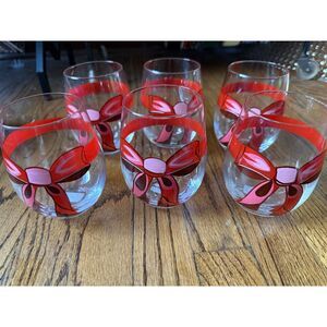 Hand Painted Holidays Red Bow Stemless Wine Glasses set of 6